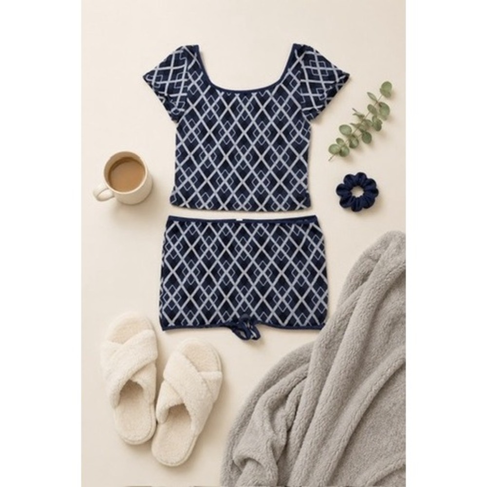 LyreBird Anthropologie Navy Blue/Gray Diamond Geometric Loungewear Set Size S/M